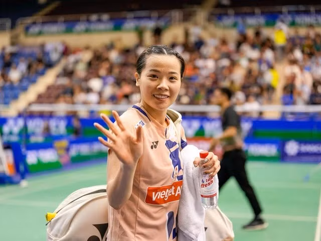 Niềm vui của Nguyễn Thùy Linh sau chiến thắng vất vả trước khắc tinh Liang Ting-yu. ẢNH: ĐỘC LẬP