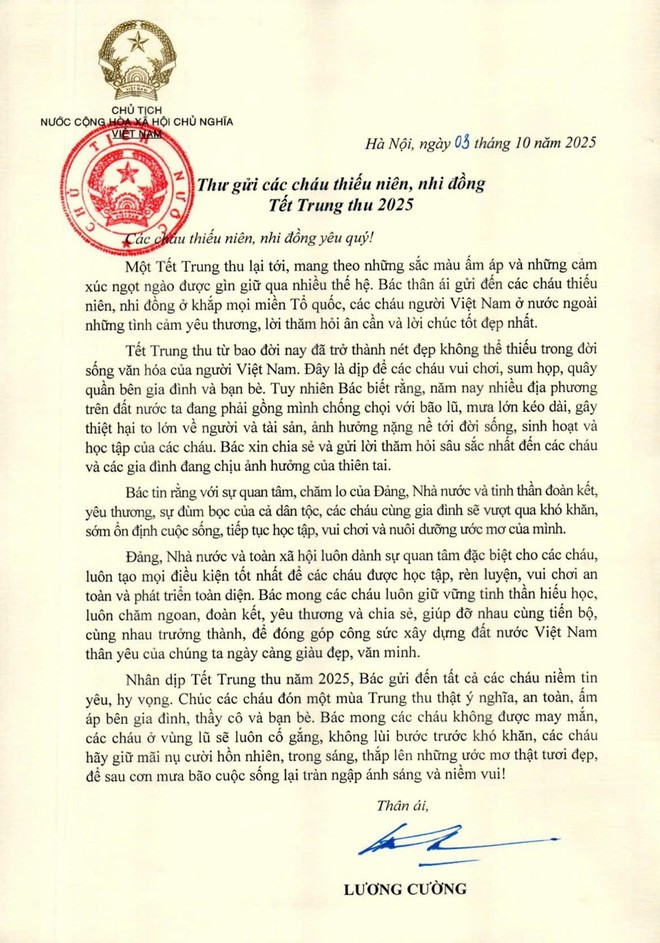 Thư chúc Tết Trung thu 2025 của Chủ tịch nước gửi tới các cháu thiếu niên, nhi đồng.