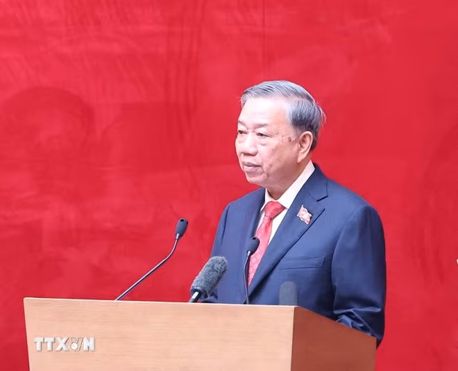 Tổng Bí thư Tô Lâm phát biểu tại Đại hội đại biểu Đảng bộ Công an Trung ương lần thứ VIII, nhiệm kỳ 2025 - 2030. (Ảnh: Thống Nhất/TTXVN)