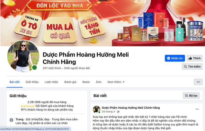 Fanpage có tên "Dược phẩm Hoàng Hường Meli chính hãng". Ảnh chụp màn hình Fanpage có tên "Dược phẩm Hoàng Hường Meli chính hãng". Ảnh chụp màn hình