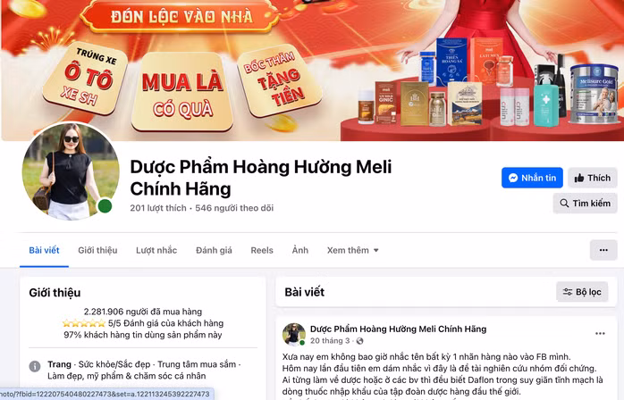 Fanpage có tên "Dược phẩm Hoàng Hường Meli chính hãng". Ảnh chụp màn hình