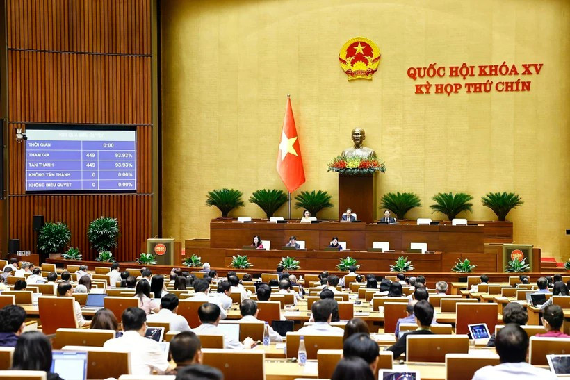 Quốc hội biểu quyết thông qua Nghị quyết của Quốc hội về ngày bầu cử toàn quốc đối với bầu cử đại biểu Quốc hội khóa XVI và đại biểu Hội đồng nhân dân các cấp nhiệm kỳ 2026-2031. Ảnh: TTXVN 1quochoi.jpg