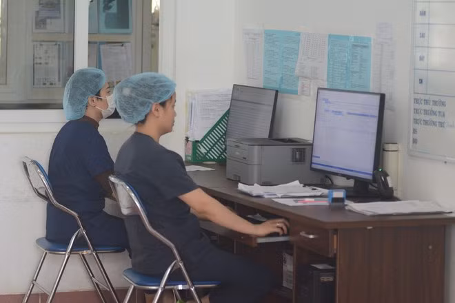 Nhân viên y tế Khoa Thận nhân tạo-Lọc máu, Bệnh viện C Đà Nẵng nhập dữ liệu bệnh nhân. (Ảnh: Văn Dũng/TTXVN)