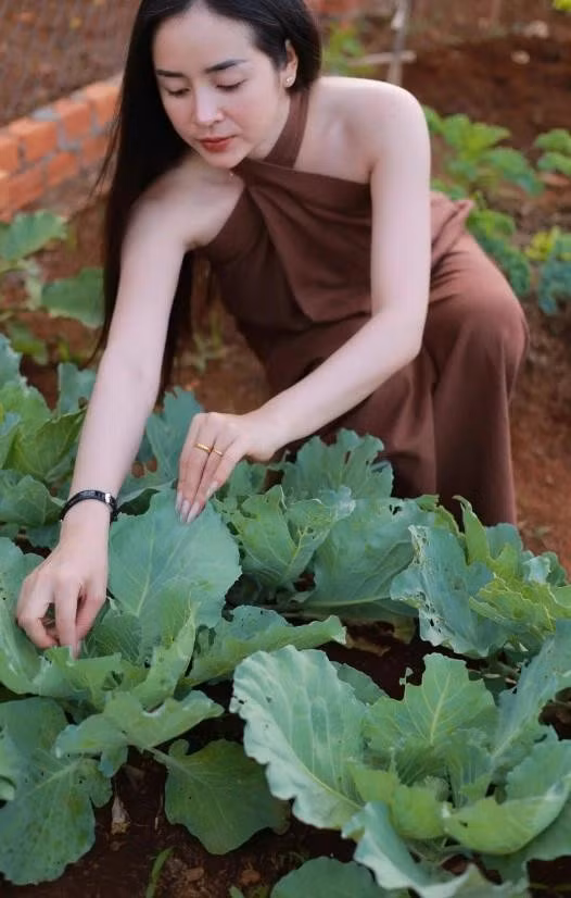 Quỳnh Quỳnh trồng rau trong vườn nhà. ẢNH: NVCC
