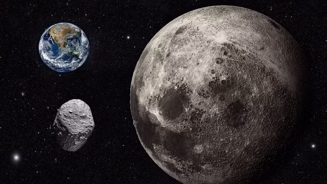 Mặt Trăng (phải) và "mặt trăng thứ 3" 2024 PT5 - Ảnh đồ họa: ORBITAL TODAY