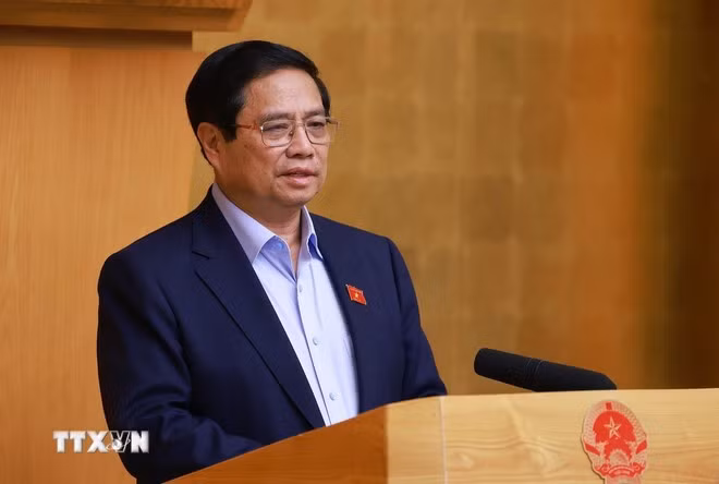 Thủ tướng Phạm Minh Chính chủ trì cuộc họp Chính phủ chuyên đề về việc sắp xếp, tổ chức lại đơn vị hành chính các cấp. Ảnh: Dương Giang/TTXVN