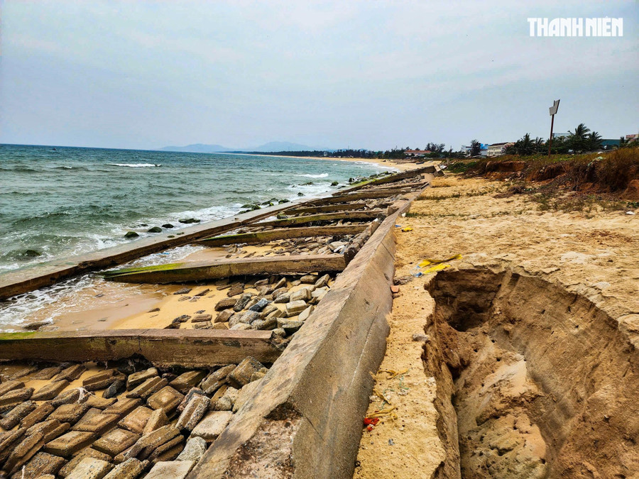 Theo ghi nhận của PV Thanh Niên, nhiều đoạn kè chống xói lở Tam Quan đã bị sóng đánh trơ lõi sắt, bê tông vỡ vụn, bị cát biển bồi lấp. Toàn bộ tuyến kè dài 2,4 km hư hỏng hoàn toàn. ẢNH: HẢI PHONG