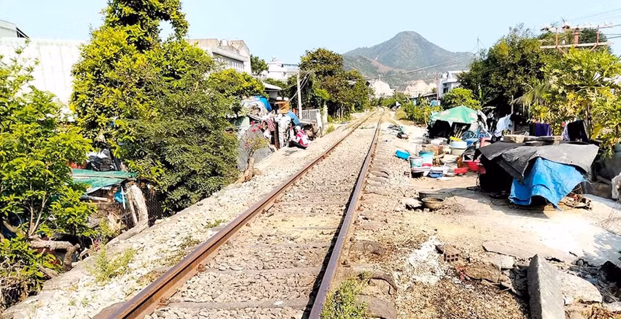 Gia đình bà Hồ Thị Kim Lệ chiếm dụng nhiều diện tích đất nằm cạnh tuyến đường sắt Diêu Trì - Quy Nhơn để sử dụng vào mục đích riêng, tiềm ẩn nguy cơ mất an toàn giao thông. Ảnh: C.L