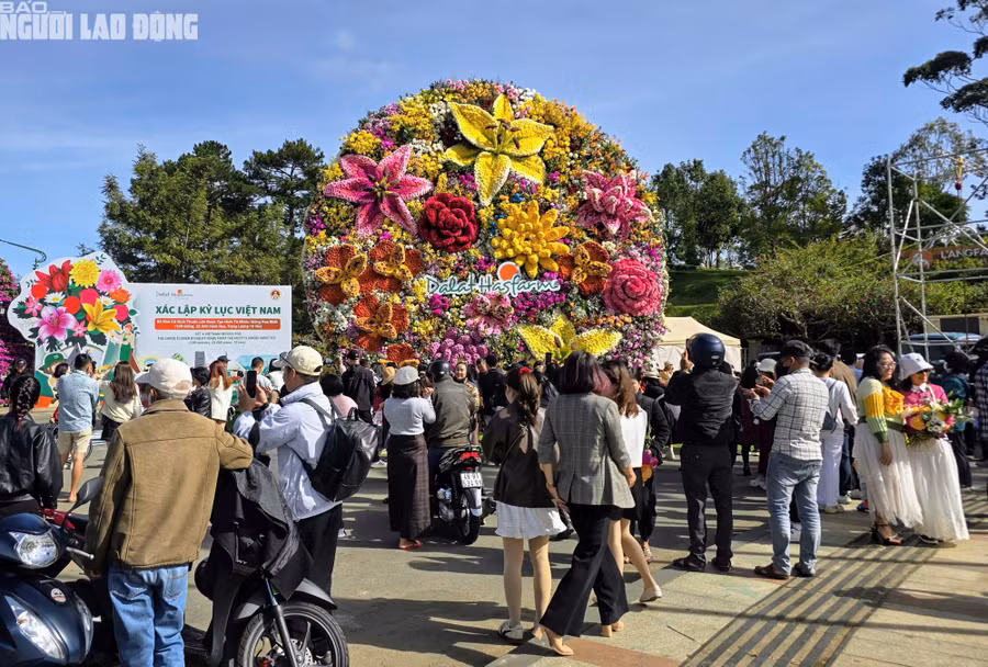 Ngày 15-12, khu vực trước Vườn hoa Đà Lạt (phường Xuân Hương - Đà Lạt, tỉnh Lâm Đồng) có rất đông người dân và du khách đến tham quan, chụp ảnh với bó hoa tươi khổng lồ đang được trưng bày ở đây.