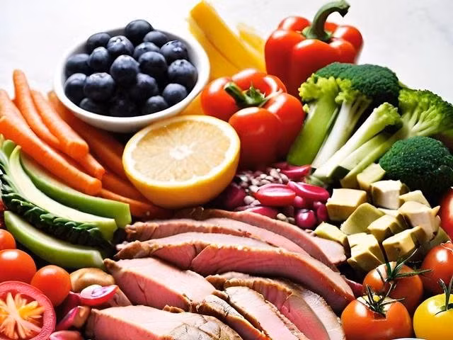 Dĩa thức ăn với nhiều rau củ, trái cây và thịt giàu protein. ẢNH: AI