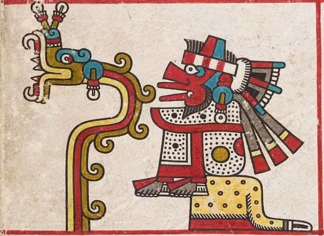Tranh khắc họa 2 hình dạng của thần Quetzalcoatl, với hình dáng con rắn có lông vũ bên trái và vị thần gió Ehecatl. ẢNH: ĐẠI HỌC OXFORD