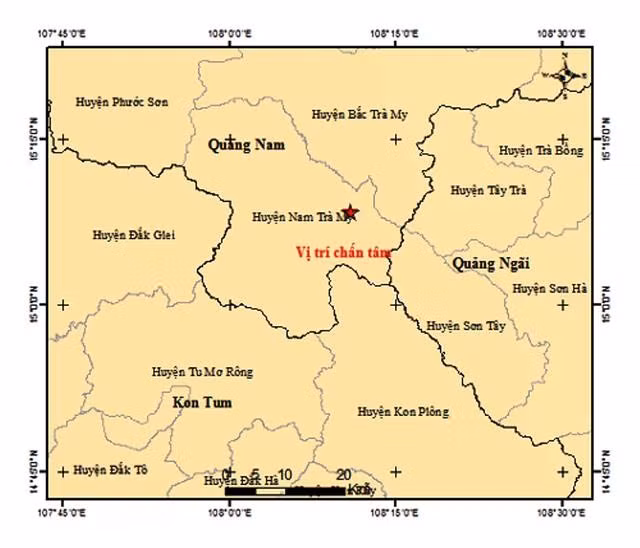 Bản đồ rung chấn trận động đất 3,8 độ Richter xảy ra tại huyện miền núi Nam Trà My gây rung chấn mạnh