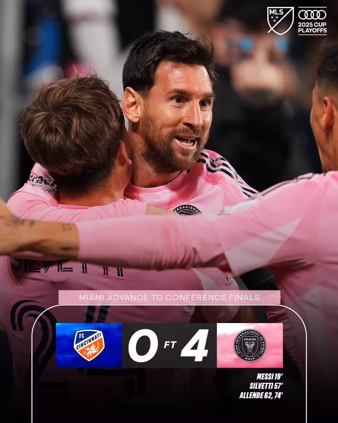 Thắng lợi thuyết phục này giúp Miami rộng cửa tiến vào trận chung kết miền Đông, trong đó Messi tiếp tục chứng tỏ vai trò linh hồn của đội bóng.