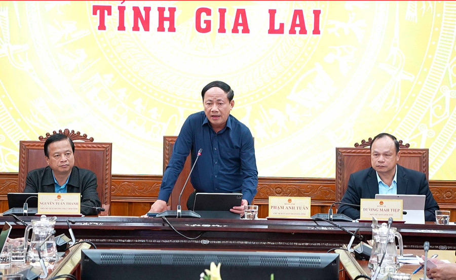 Chủ tịch UBND tỉnh Phạm Anh Tuấn báo cáo tình hình lũ lụt của địa phương và đề xuất với Trung ương ủng hộ kinh phí cho địa phương. Ảnh: Man Đức Dũng