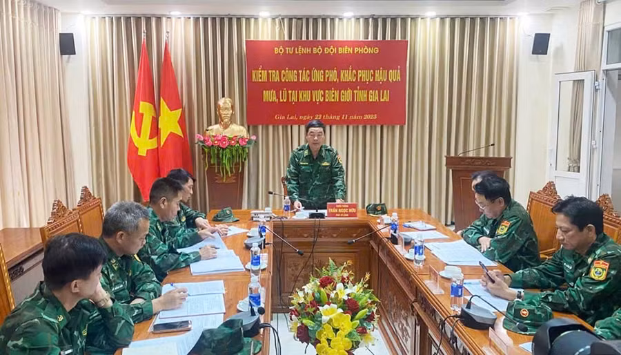 Đồng chí Trần Ngọc Hữu-Phó Tư lệnh BĐBP phát biểu chỉ đạo tại buổi làm việc với Ban Chỉ huy BĐBP tỉnh. Ảnh: Thanh Bình