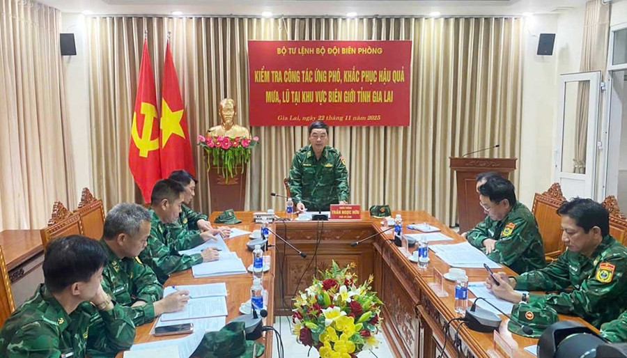 Đồng chí Trần Ngọc Hữu-Phó Tư lệnh BĐBP phát biểu chỉ đạo tại buổi làm việc với Ban Chỉ huy BĐBP tỉnh. Ảnh: Thanh Bình