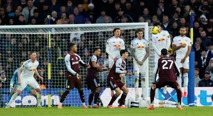 Morgan Rogers (27) ấn định chiến thắng bằng một cú sút phạt đẹp mắt