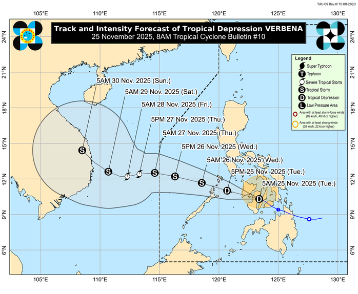Áp thấp nhiệt đới Verbena dự kiến trở thành cơn bão số 15 vào chiều 25 hoặc sáng 26-11 - Ảnh: PAGASA