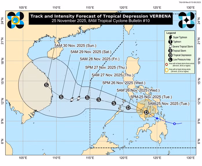 Áp thấp nhiệt đới Verbena dự kiến trở thành cơn bão số 15 vào chiều 25 hoặc sáng 26-11 - Ảnh: PAGASA
