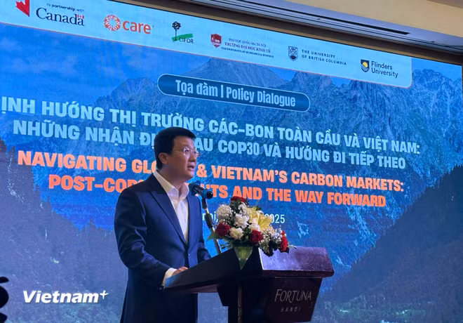 Ông Nguyễn Tuấn Quang, Phó Cục trưởng Cục Biến đổi khí hậu, Bộ Nông nghiệp và Môi trường phát biểu tại tọa đàm. (Ảnh: Bảo Ngọc/Vietnam+)