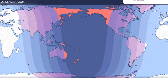 Bản đồ thể hiện khu vực quan sát nguyệt thực thuận lợi, trong đó phần lớn Việt Nam thuộc vùng số 3, có thể quan sát được toàn bộ pha 'trăng máu' nhưng bỏ lỡ một phần các pha một phần và nửa tối - Ảnh: TIME AND DATE