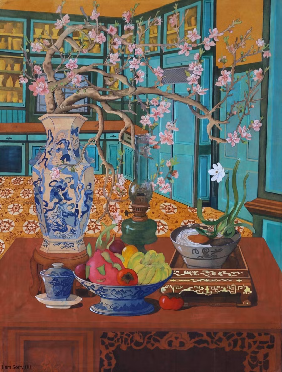 Một tập hợp nhiều hiện vật xưa cũ, gợi về kỷ niệm trong tranh lụa Vũ Thùy Mai. ẢNH: NVCC