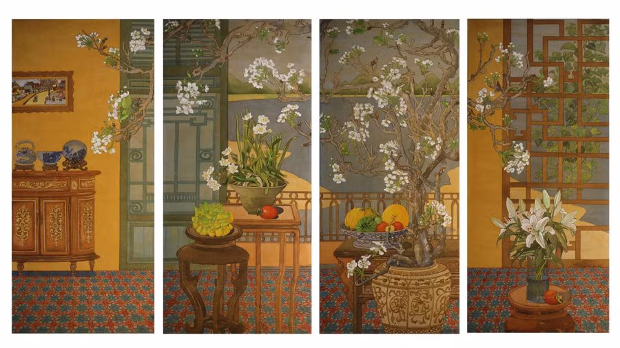 Những cánh hoa xuân tạo cho tác phẩm nét đẹp đầy an nhiên, tĩnh tại. ẢNH: NVCC