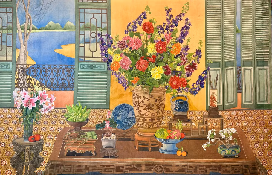 Một tác phẩm rộn ràng sắc xuân với bố cục chặt chẽ từ hoa lá đến tĩnh vật. ẢNH: NVCC