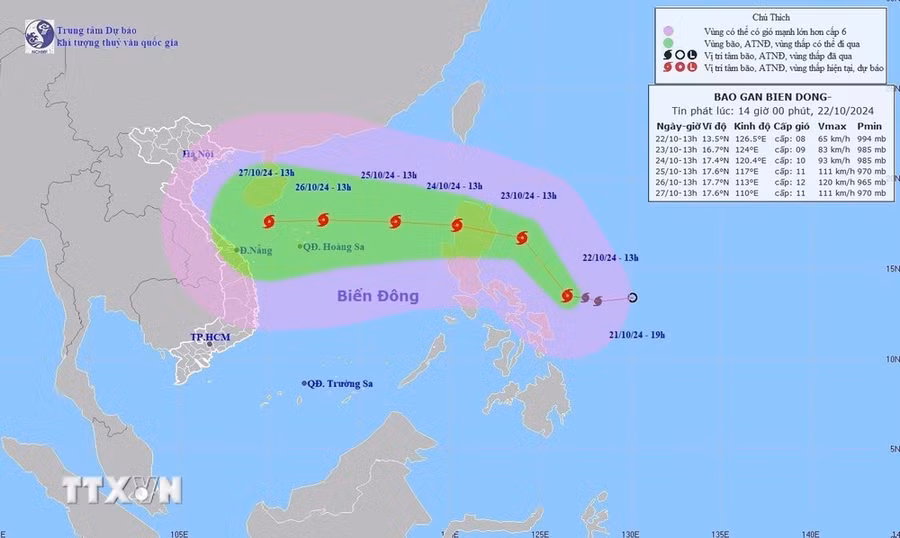 Đường đi của bão TRAMI chiều 22/10/2024. (Ảnh: TTXVN phát)
