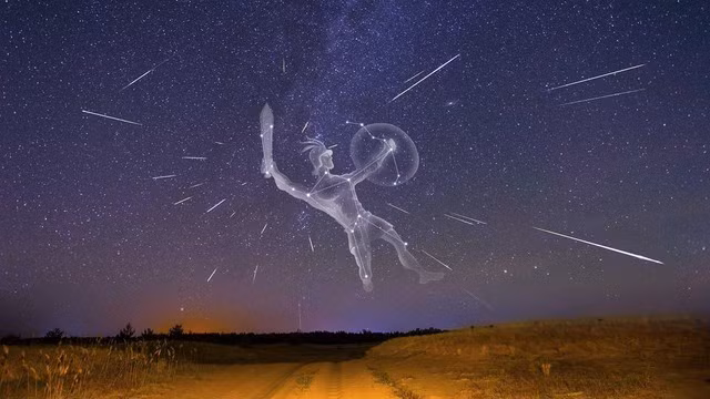 Hình ảnh mưa sao băng Orionids được kết hợp với đồ họa mô tả chòm sao nơi nó phát ra - Ảnh: STAR WALK