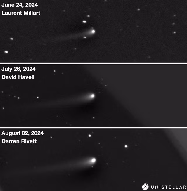 Hình ảnh thực được ghi nhận bởi các đài quan sát khi sao chổi từ Đám mây Oort hãy còn tương đối xa - Ảnh: UNISTELLAR