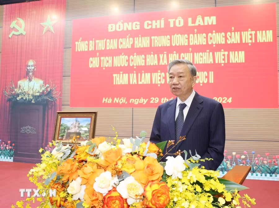 Tổng Bí thư, Chủ tịch nước Tô Lâm phát biểu chỉ đạo tại buổi làm việc với Tổng cục II, Bộ Quốc phòng. (Ảnh: Trí Dũng/TTXVN)