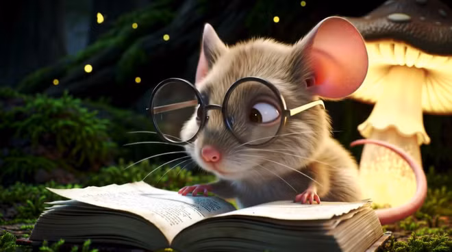 Thành phẩm từ câu lệnh: Cảnh hoạt hình một chú chuột bé xíu đeo cặp kính ngoại cỡ, đang đọc sách dưới ánh sáng lung linh từ cây nấm, trong một cái ổ ấm cúng giữa khu rừng.