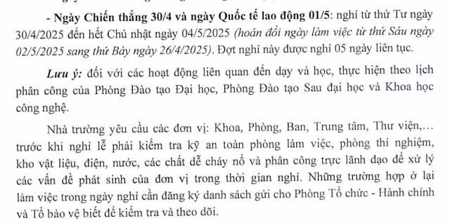 Thông báo nghỉ lễ của Trường ĐH Công nghệ thông tin (ĐH Quốc gia TP.HCM). ẢNH: IUT