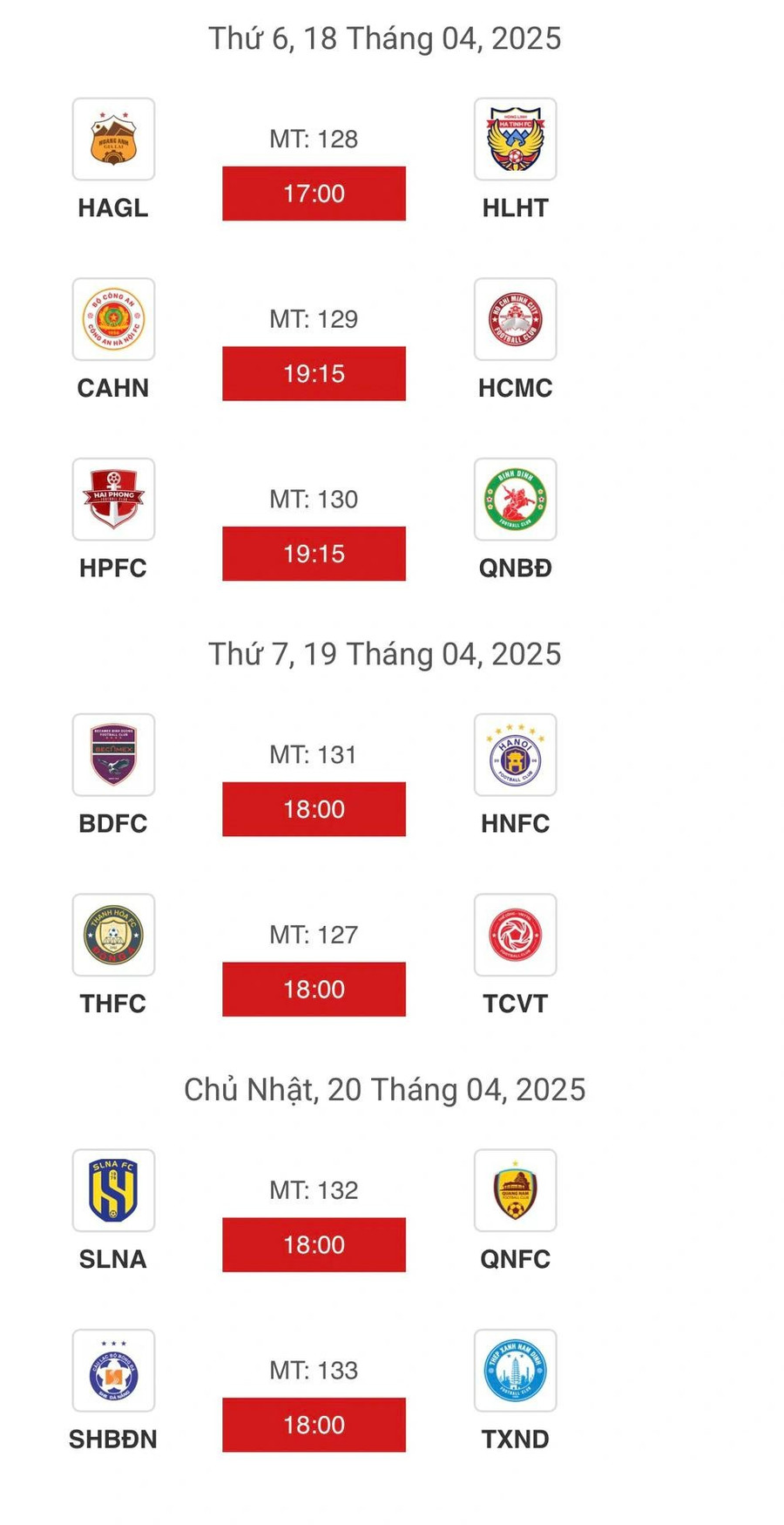 Lịch thi đấu vòng 19. ẢNH: VPF Lịch thi đấu vòng 19. ẢNH: VPF