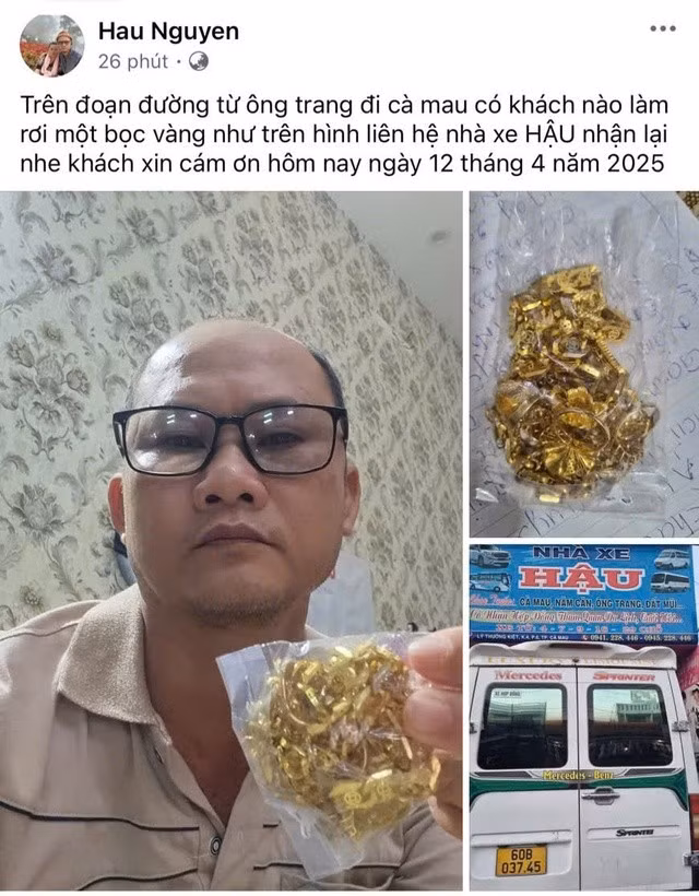 Sau khi nhặt được bịch vàng trên xe, ông Hậu đã đăng tải thông tin tìm chủ nhân của số tài sản trên