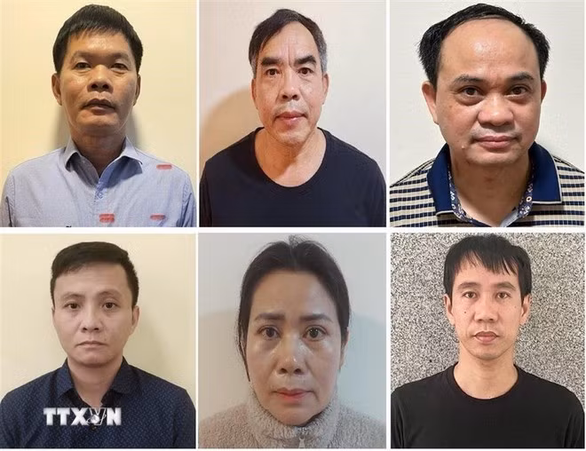 Các bị cáo: Nguyễn Văn Khước, Chu Quốc Hải, Hoàng Văn Nhiệm, Cao Đại Nghĩa, Đinh Thị Thu Hương, Nguyễn Ngọc Huy (theo thứ tự từ trái sang phải, từ trên xuống dưới). (Ảnh: Bộ Công an/TTXVN phát)