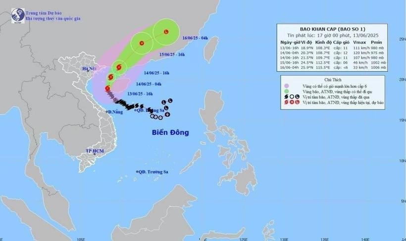 Hướng đi của bão số 1 lúc 16h ngày 13/6. Ảnh: TTXVN phát huongdi.jpg