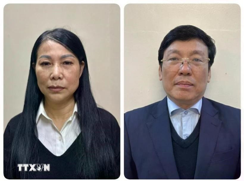 Các bị can Hoàng Thị Thuý Lan (trái) - Bí thư Tỉnh ủy, Trưởng đoàn đại biểu Quốc hội, Chủ tịch Hội đồng nhân dân tỉnh Vĩnh Phúc và Lê Duy Thành - Phó Bí thư Tỉnh ủy, Chủ tịch Ủy ban Nhân dân, đại biểu Hội đồng nhân dân tỉnh Vĩnh Phúc. Ảnh: Bộ Công an/TTXVN phát tap-doan-phuc-son-dd.jpg