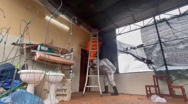 Lực lượng công an mặc đồ chuyên dụng khi xử lý tổ ong vò vẽ. ẢNH: CÔNG AN QUẢNG NGÃI