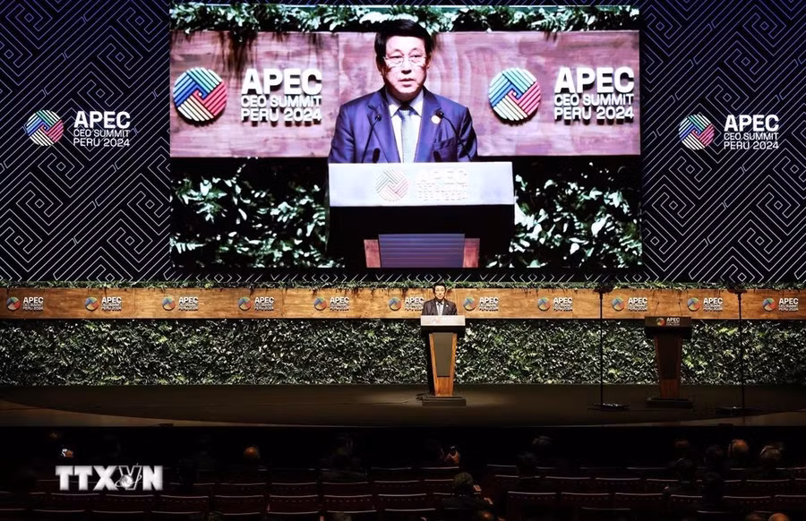 Chủ tịch nước Lương Cường phát biểu tại Hội nghị Thượng đỉnh Doanh nghiệp APEC-CEO Summit. (Ảnh: Lâm Khánh/TTXVN)