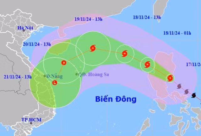 Dự báo vị trí và hướng di chuyển của siêu bão Man-Yi. Nguồn: Trung tâm Dự báo khí tượng thủy văn quốc gia