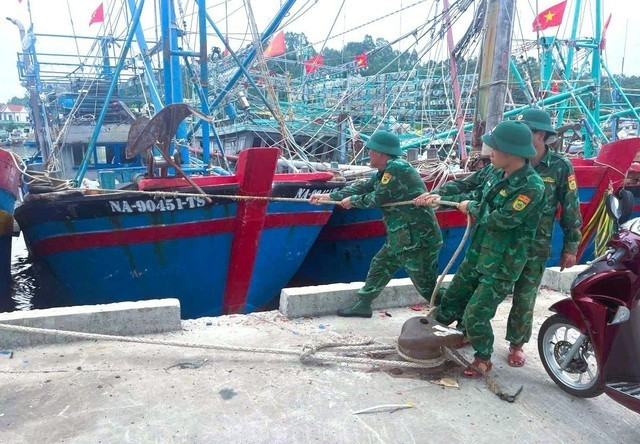 Lực lượng Bộ đội biên phòng tỉnh Nghệ An đóng chân trên địa bàn tuyến biển hỗ trợ ngư dân chằng néo tàu thuyền tại nơi tránh trú bão an toàn. ẢNH: TTXVN lucluongvn.jpg