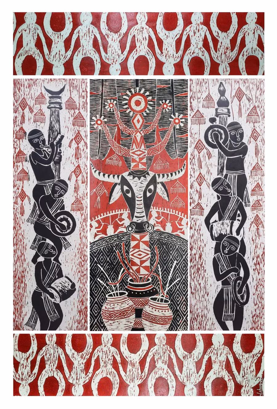 Tác phẩm Âm sắc đại ngàn (1) (in khắc gỗ) của họa sĩ Nguyễn Văn Chung (giải C triển lãm Mỹ thuật khu vực V năm 2023). Ảnh: N.Phong