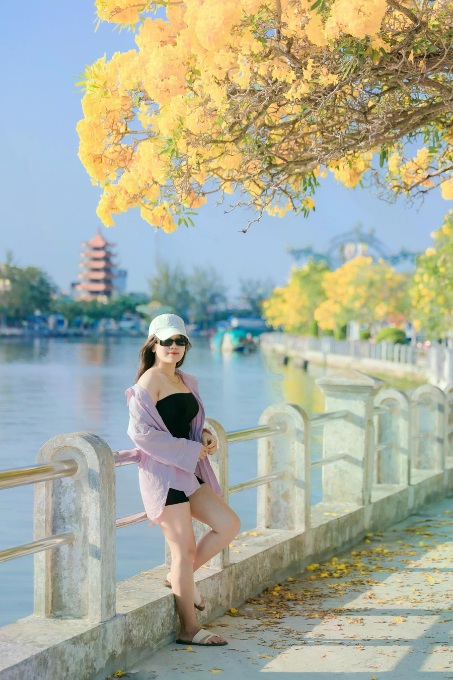 Nhiều bạn trẻ tranh thủ lưu lại bức ảnh đẹp dưới tán hoa kèn vàng. ẢNH: XUYÊN VÕ