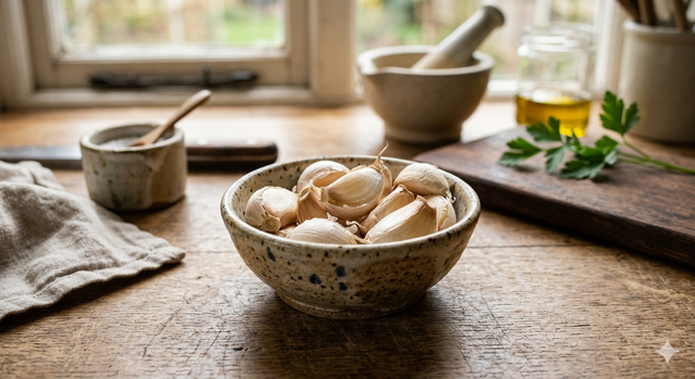 Ăn 1 - 2 tép tỏi cỡ vừa mỗi ngày có thể hỗ trợ sức khỏe tim mạch và tương đối an toàn đối với hầu hết mọi người. Ảnh: AI