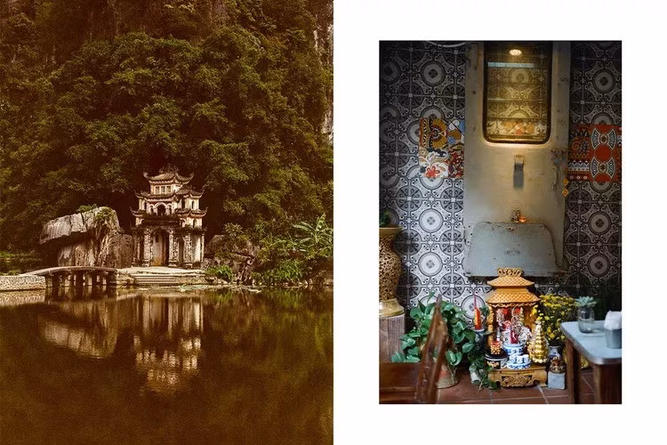 Chùa Bích Động, được xây dựng vào thế kỷ 15, bên ngoài thành phố Ninh Bình; một bàn thờ nhỏ trong một quán cà phê ở trung tâm thành phố Hà Nội. ẢNH: CHRIS WALLACE