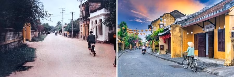 Một con phố ở Hội An năm 1994 (trái) và năm 2024 (phải). ẢNH: SIMON O'REILLY