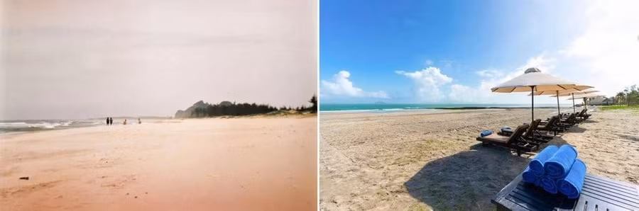 Nhìn về phía nam bãi biển Cửa Đại, Hội An, năm 1994 và năm 2024 - hiện là khu nghỉ dưỡng. ẢNH: SIMON O'REILLY/Hoi An Beach Resort