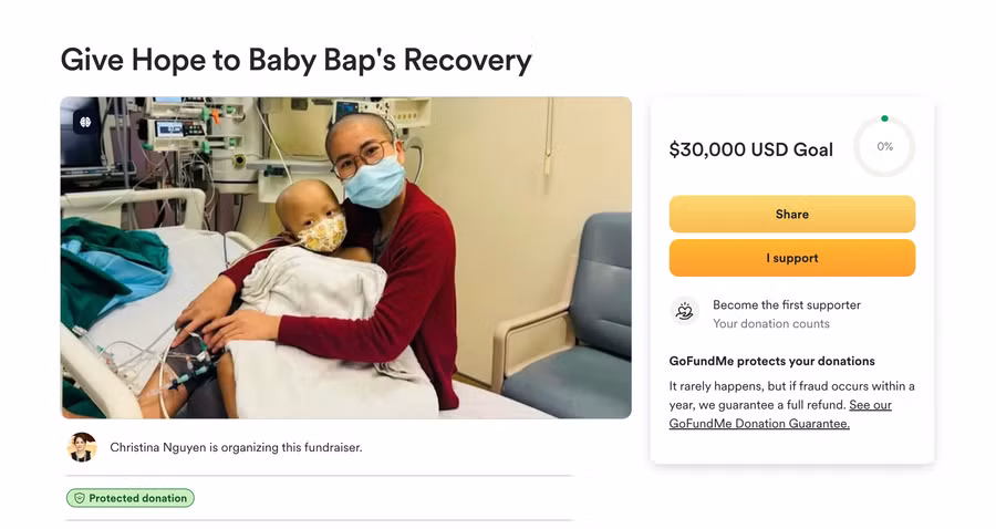 Chiến dịch kêu gọi hỗ trợ cho bé Bắp do tài khoản Christina Nguyen lập, sử dụng ảnh đại diện của bà Nguyễn Phương Hằng